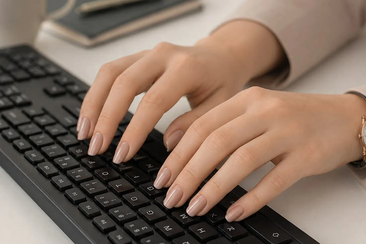 Hands with a nude manicure typing on a keyboard
