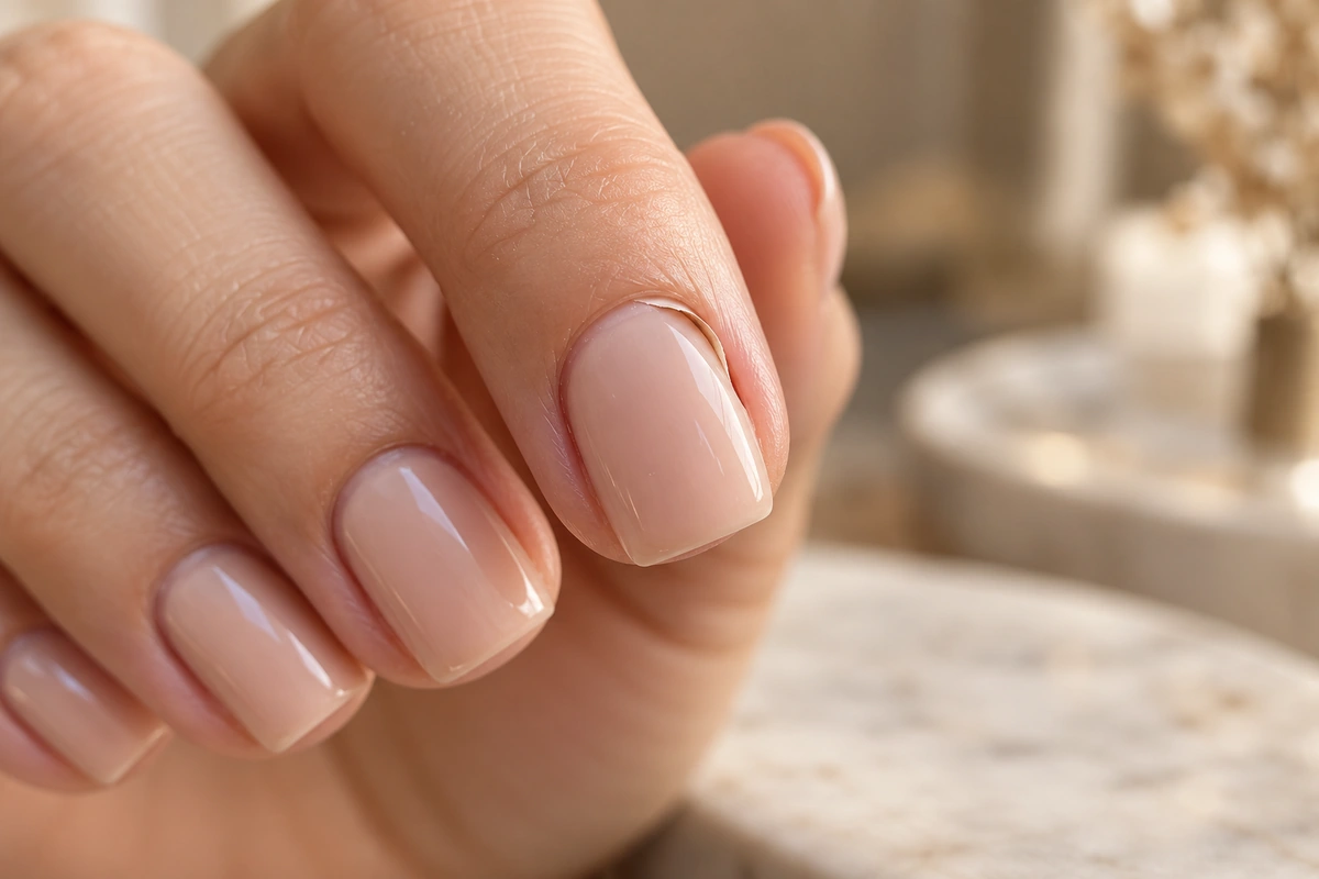 Close-up of a glossy nude gel manicure
